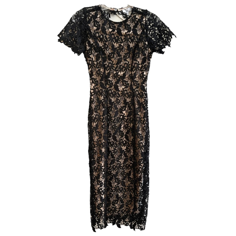 NSR Mia Black Crochet Lace Open Back Short Sleeve Stretch Midi Dress Size XS NWT